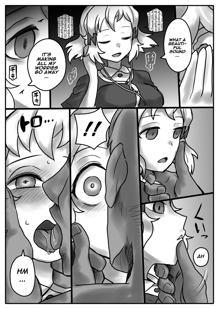 581 blush clothed comic dialogue earbuds empty_eyes expressionless femsub finger_to_mouth glowing_eyes greyscale hair_ornament hand_on_another's_cheek heterosexual hibiki_tachibana hokan185 hypnotic_audio kissing maledom open_mouth senki_zesshou_symphogear short_hair smile speech_bubble text tongue tongue_out