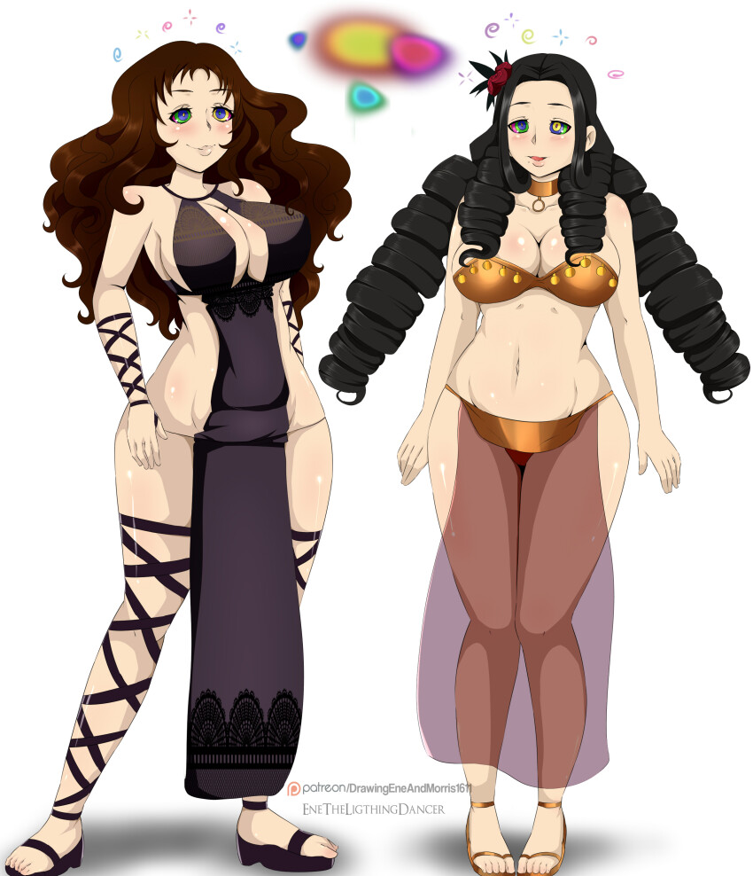 absurdres breasts brown_hair cleavage curly_hair dragon's_crown drill_hair edoqia_colorha enetheligthingdancer female_only femsub happy_trance harem_outfit kaa_eyes large_breasts long_hair midriff mole morgan_lisley multiple_girls multiple_subs record_of_grancrest sandals see-through