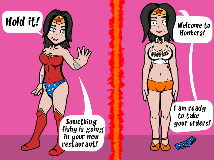 before_and_after collar dc_comics dc_superhero_girls femsub forced_employee happy_trance hooters isankura tech_control text waitress wonder_woman