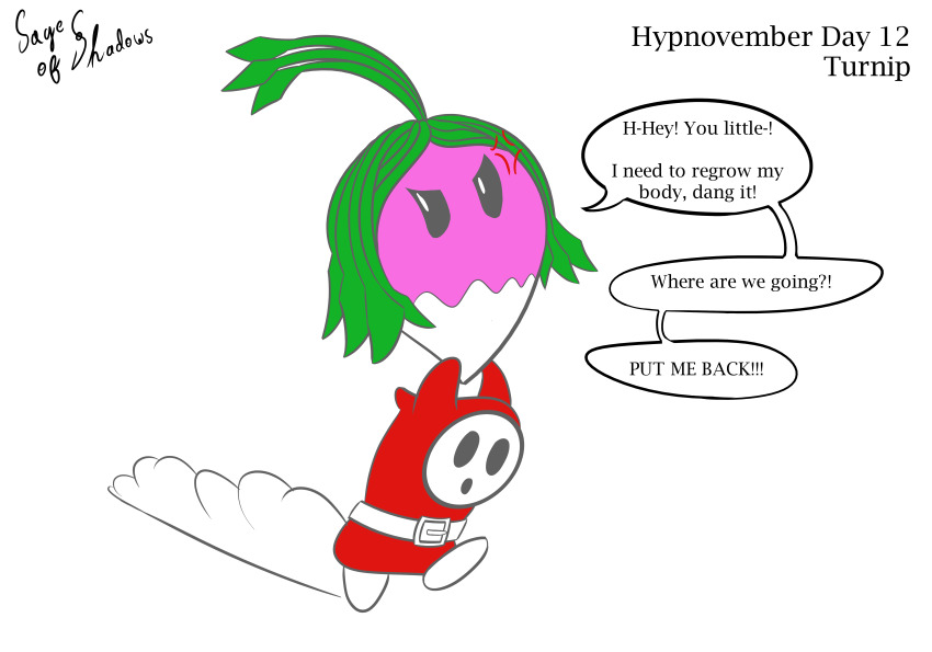 dialogue eve_(poppetkisses) femsub green_hair hypnovember nintendo original sage_of_shadows shyguy super_mario_bros. text transformation turnip