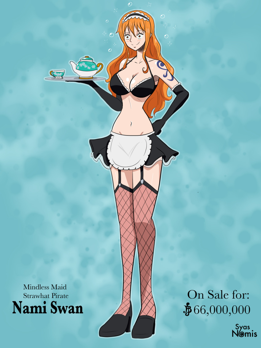 cleavage empty_eyes female_only femsub happy_trance large_breasts maid nami_(one_piece) one_piece red_hair smile solo syas-nomis tattoo tray