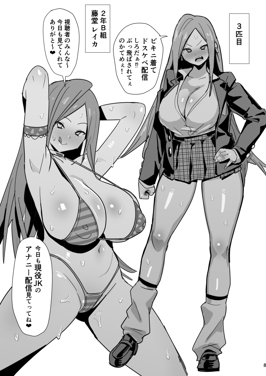absurdres bikini blush breasts choker cleavage comic erect_nipples female_only femsub greyscale happy_trance huge_breasts large_breasts long_hair monochrome open_mouth original reika_fujiwara_(velzhe) school_uniform shoes skirt smile solo text thighhighs tongue tongue_out translated velzhe