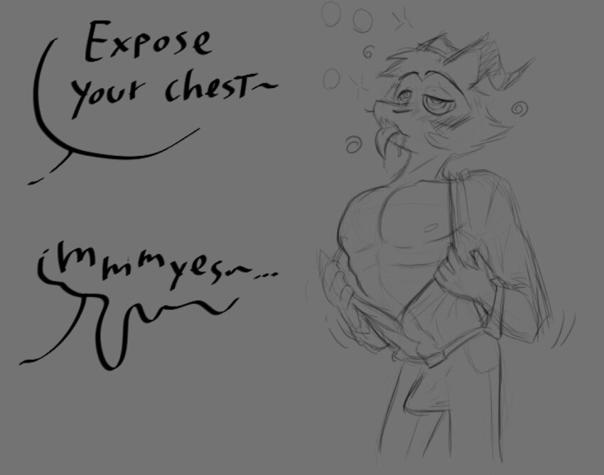 blush clothed erection erection_under_clothes exposed_chest helluva_boss kuro-freak male_only malesub ring_eyes sketch striker_(helluva_boss) text tongue tongue_out undressing unhappy_trance