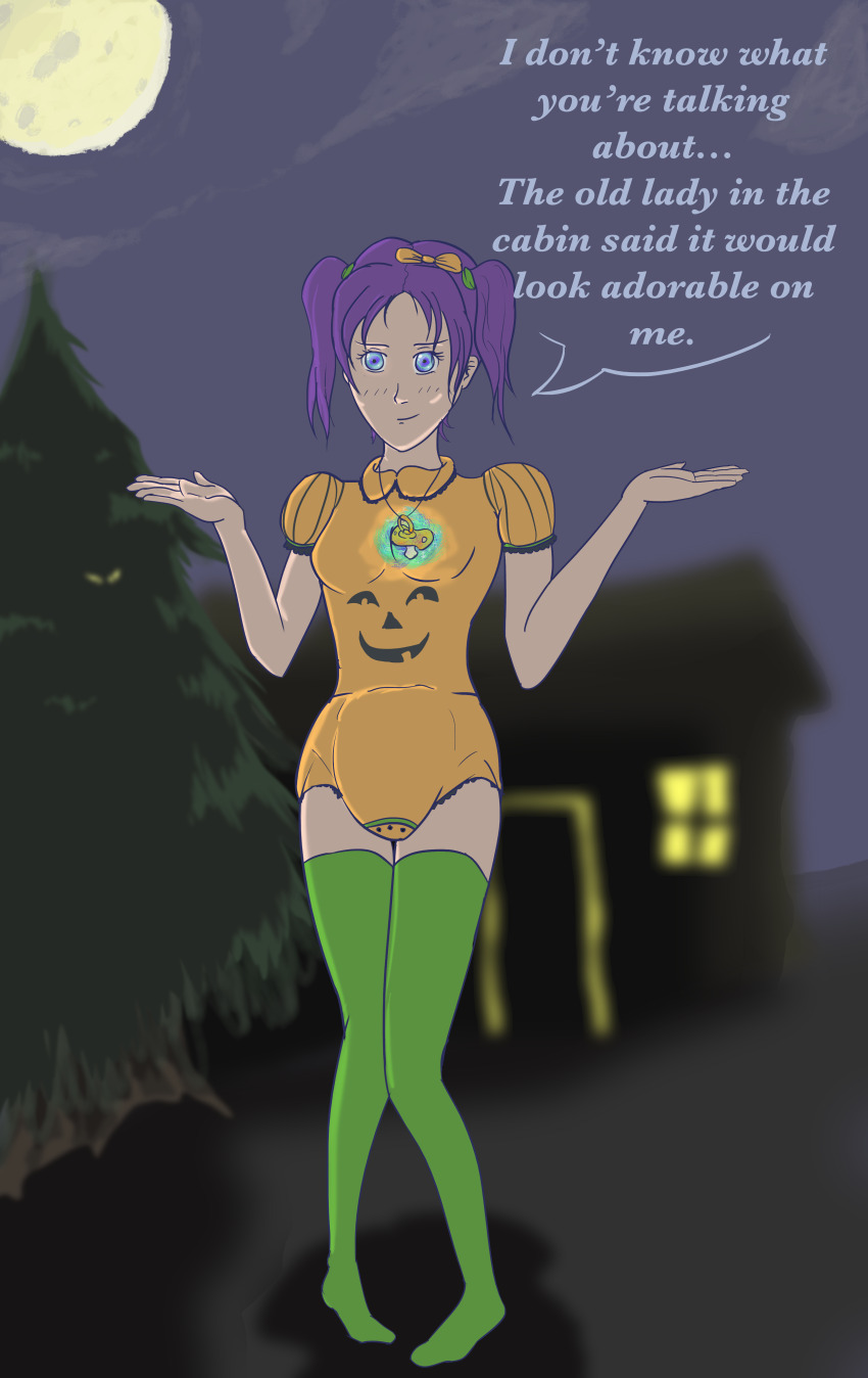 absurdres bow diaper female_only femsub glowing glowing_eyes halloween hypnotic_accessory magic nekoroa original pacifier pumpkin purple_hair solo thighhighs twintails unaware