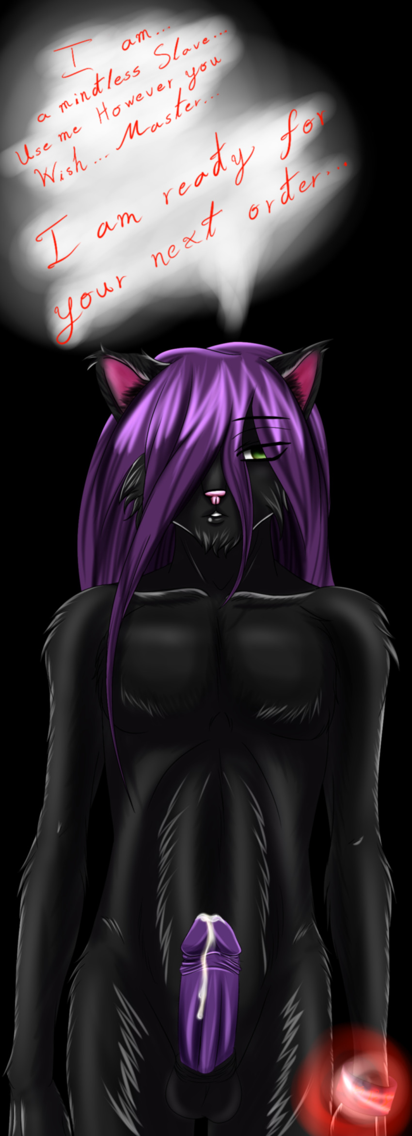absurdres bottomless cat_boy cum dead_source empty_eyes erection expressionless furry green_eyes hypnogoat666 hypnotic_accessory long_hair malesub nude open_mouth original penis purple_hair standing standing_at_attention text topless
