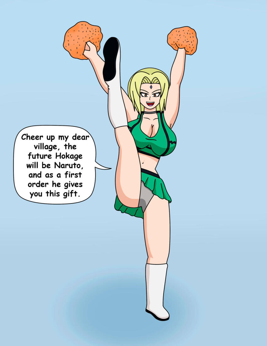 breasts cheerleader dialogue female_only femsub happy_trance kanzaki134 looking_at_viewer naruto_(series) standing_split tagme text tsunade
