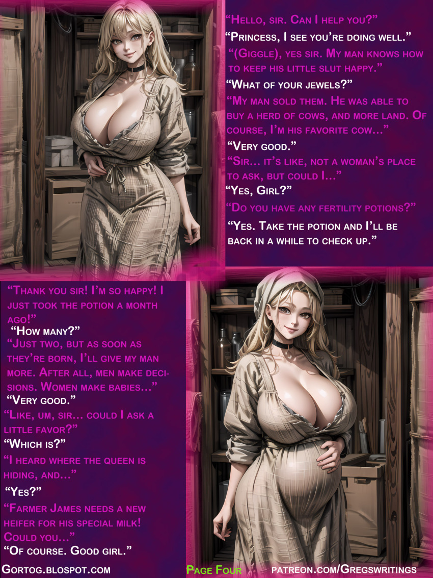 ai_art before_and_after blonde_hair breasts caption choker cleavage femsub gregory_michelson_(generator) huge_breasts large_breasts long_hair manip pregnant princess sequence sexism smile text transformation