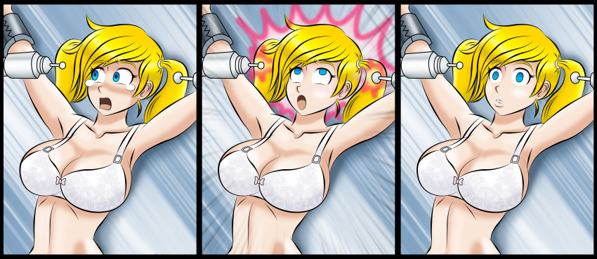 absurdres before_and_after blonde_hair blush bondage bra breasts cleavage empty_eyes expressionless eye_roll femsub large_breasts open_mouth original short_hair tears tech_control twintails underwear zorro-zero