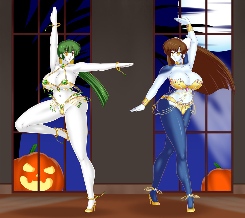 bare_shoulders blue_skin bluebullpen bow brown_hair cameltoe choker cleavage dancing femdom femsub glowing_eyes green_hair hair_ribbon happy_trance high_heels huge_breasts hypnotic_eyes long_hair nagisa_(daveyboysmith9) original ponytail ranma_1/2 ukyo_kuonji white_skin yellow_eyes