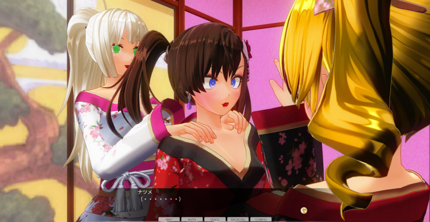 3d blonde_hair blue_eyes breasts brown_hair crossed_eyes curly_hair dialogue expressionless female_only femdom femsub green_eyes happy_trance hypnotized_assistant hypnotized_hypnotist japanese_clothing kamen_writer_mc kimono large_breasts mc_trap_town multiple_girls multiple_subs ponytail screenshot spiral_eyes symbol_in_eyes text twintails white_hair