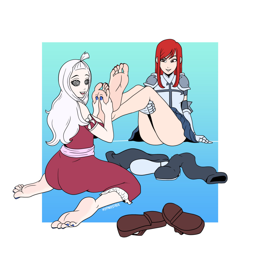 ass barefoot erza_scarlet fairy_tail feet female_only femdom femsub foot_focus foot_massage foot_worship happy_trance kneeling long_hair mirajane_strauss red_hair simple_background spiral_eyes strix symbol_in_eyes white_hair