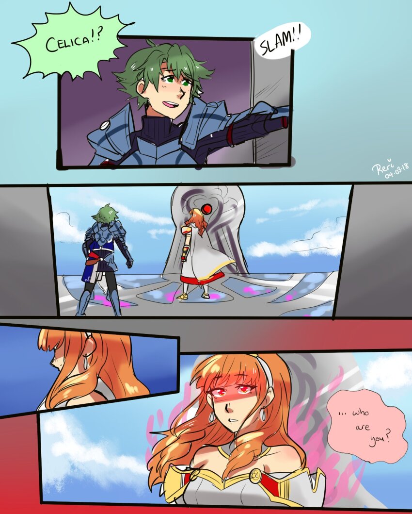 alm_(fire_emblem) armor bangs bare_shoulders celica_(fire_emblem) cia_(reriri) clothed comic corruption dialogue dress earrings english_text expressionless femsub fire_emblem fire_emblem_echoes green_eyes hair_band long_hair memory_alteration nintendo open_mouth outdoors red_eyes short_hair signature speech_bubble tagme text