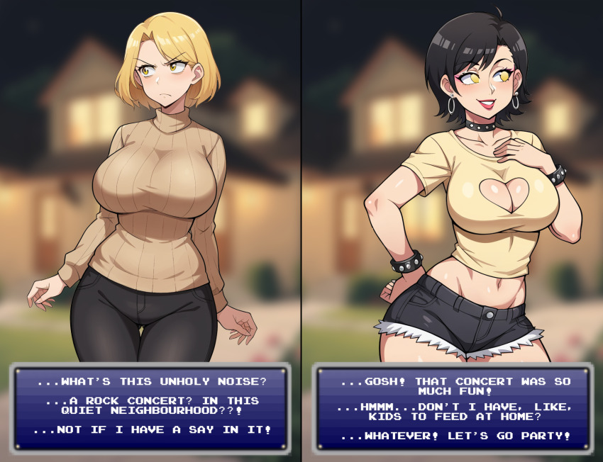 ai_art before_and_after black_eyes black_hair blonde_hair bracelet breasts cleavage cleavage_cutout collar earrings female_only femsub fungip_(generator) gothification hand_on_hip large_breasts makeup midriff milf pants short_hair shorts stable_diffusion_(ai) standing sweater text tight_clothing yellow_eyes