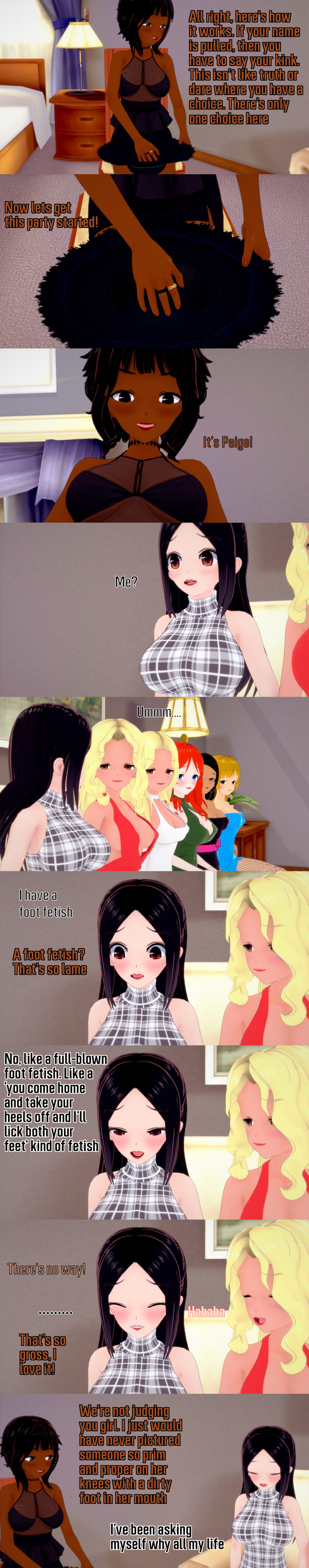 absurdres aware black_eyes black_hair blonde_hair blue_eyes brown_eyes closed_eyes clothed dark_skin dialogue divya_(veritas) embarrassed english_text female_only green_eyes hannah_(veritas) long_hair melina_(veritas) multiple_girls paige_(veritas) red_eyes red_hair short_hair simone_(veritas) text veritas zenin1