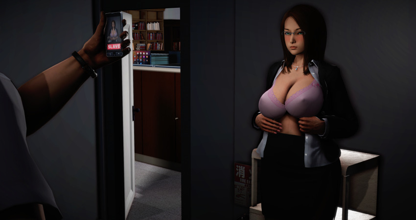 3d absurdres age_difference breasts cell_phone cleavage collarbone comic erect_nipples expressionless femsub gives honey_select_2 huge_breasts maledom milf necklace original phone skirt tech_control unaware undressing