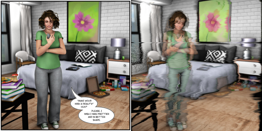 3d before_and_after bimbofication brown_hair comic dynamoob female_only femsub magic self_hypnosis text transformation