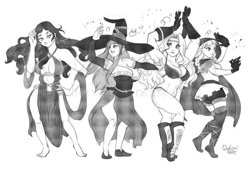amazon_(dragon's_crown) barefoot black_hair braid breasts cape cleavage dancing dragon's_crown earrings elf elf_(dragon's_crown) elf_ears female_only femdom femsub harem hat huge_breasts jewelry long_hair morgan_lisley multiple_girls quelico sketch sorceress_(dragon's_crown) traditional twintails