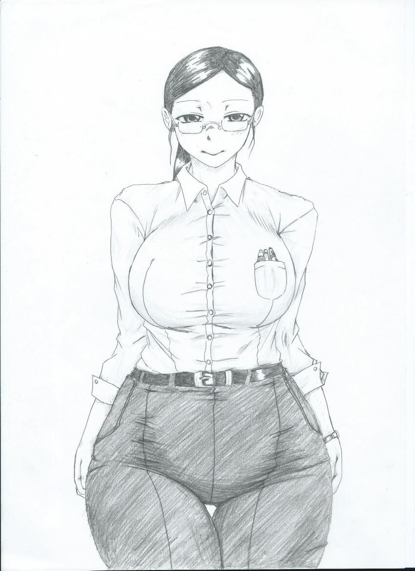 black_hair breasts cullingangelmiyata earrings glasses greyscale jewelry large_breasts looking_at_viewer original pov pov_dom short_hair sketch traditional