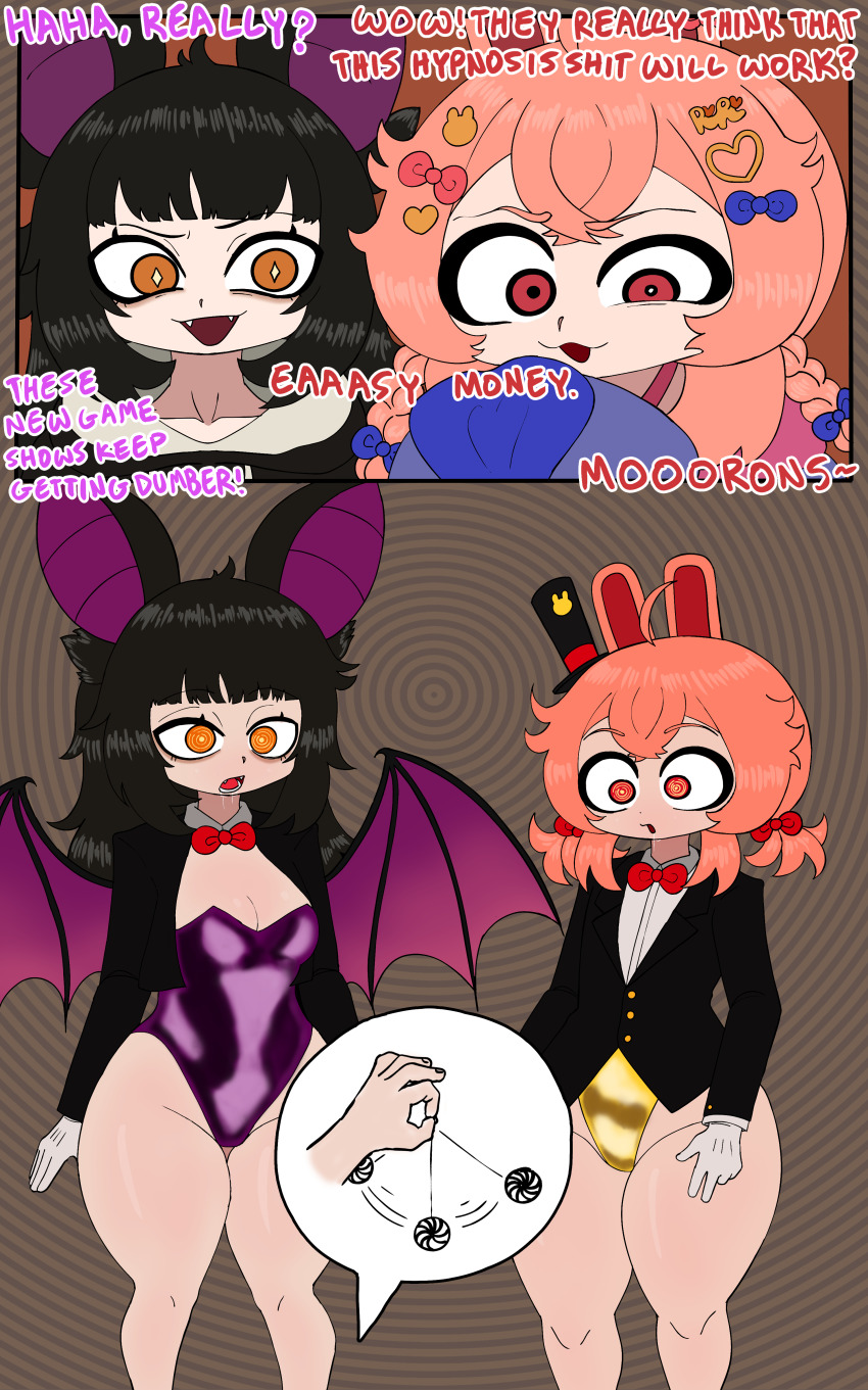 bat_girl bat_wings batatvideogames black_hair bunny_girl drool femsub instant_loss multiple_girls multiple_subs pendulum pink_hair pipkin_pippa pov_dom red_eyes small_breasts stage_hypnosis text the_justed_one thick_thighs virtual_youtuber yellow_eyes