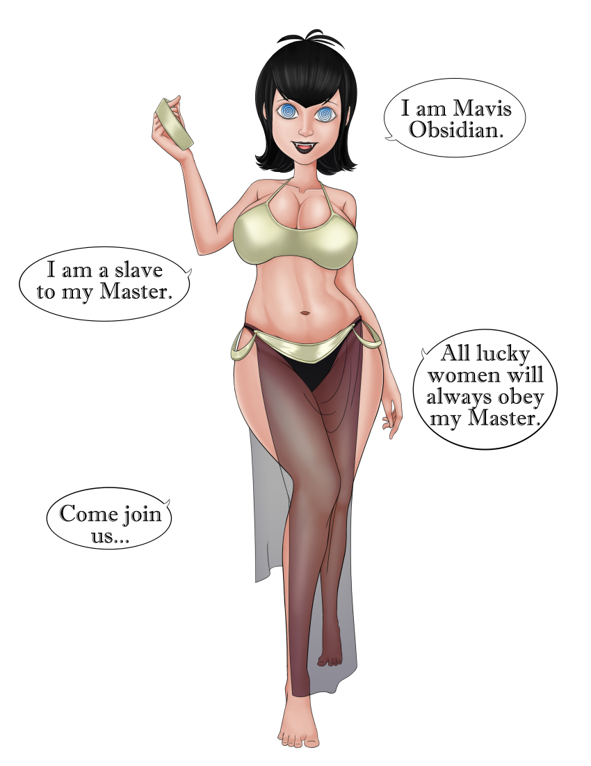 absurdres barefoot black_hair blue_eyes breasts collar dialogue female_only femsub happy_trance harem_outfit hotel_transylvania large_breasts large_hips mavis_(hotel_transylvania) midriff neo-izayoi see-through short_hair spiral_eyes symbol_in_eyes text vampire