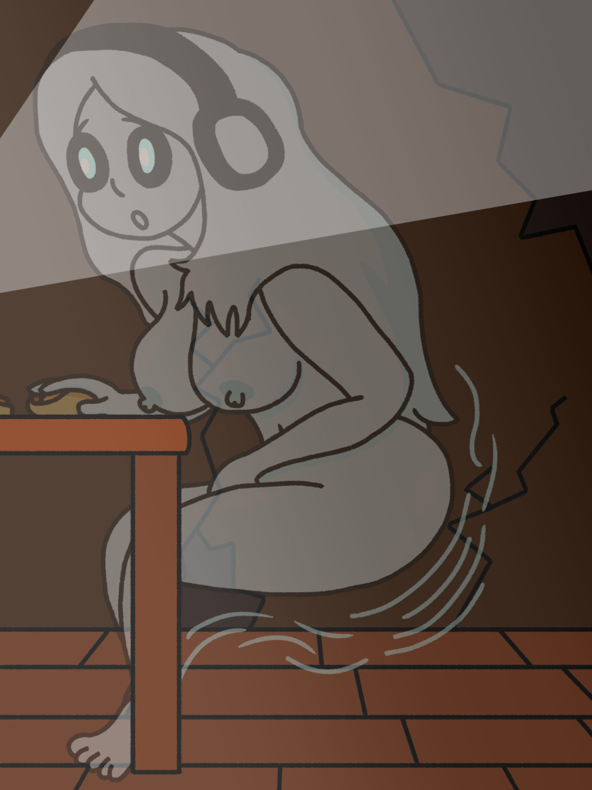 barefoot bottomless breasts computer feet female_only femsub floating ghost ghost_girl headphones hypnotic_screen large_breasts masturbation napstablook nude open_mouth see-through topless undertale violet_waters