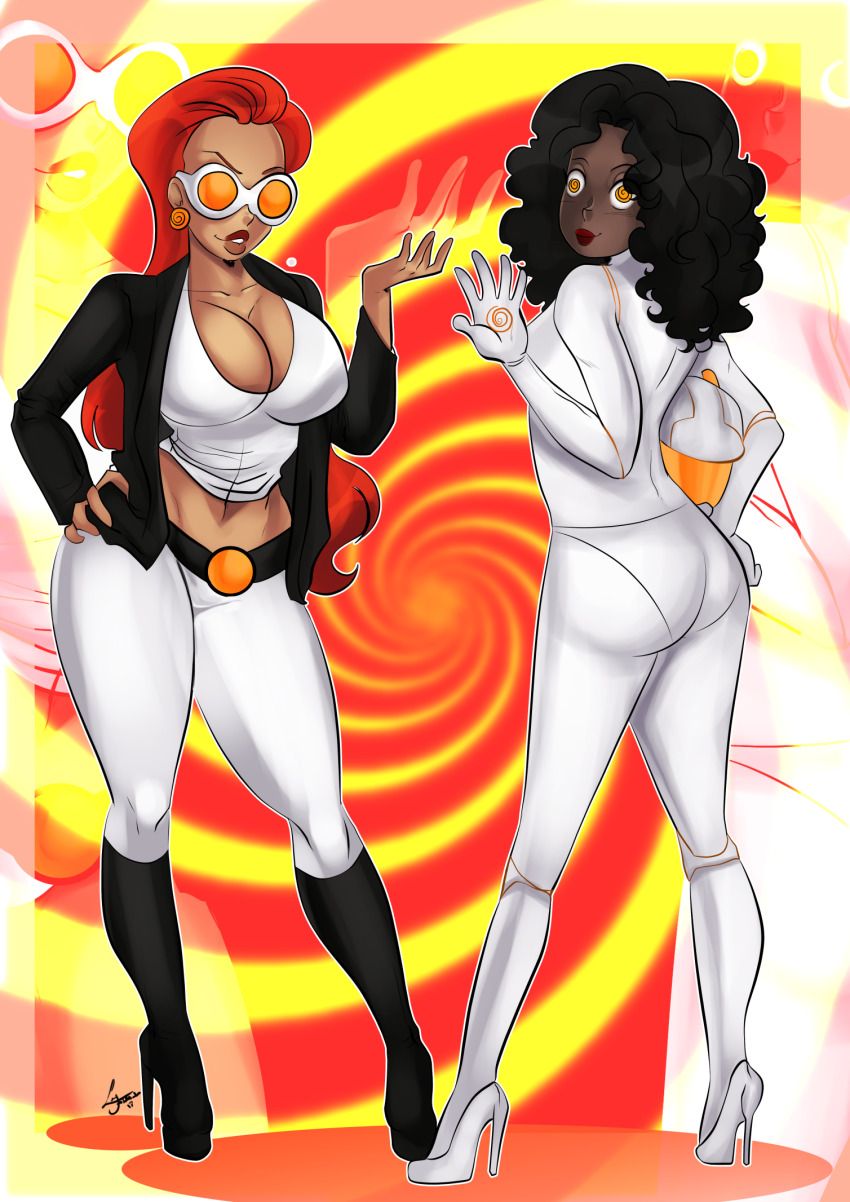 breasts curly_hair disney evil_smile female_only femdom femsub happy_trance high_heels large_breasts looking_at_viewer looking_back lucy_fidelis mezmerella original pov smile spiral spiral_eyes symbol_in_eyes the_incredibles western