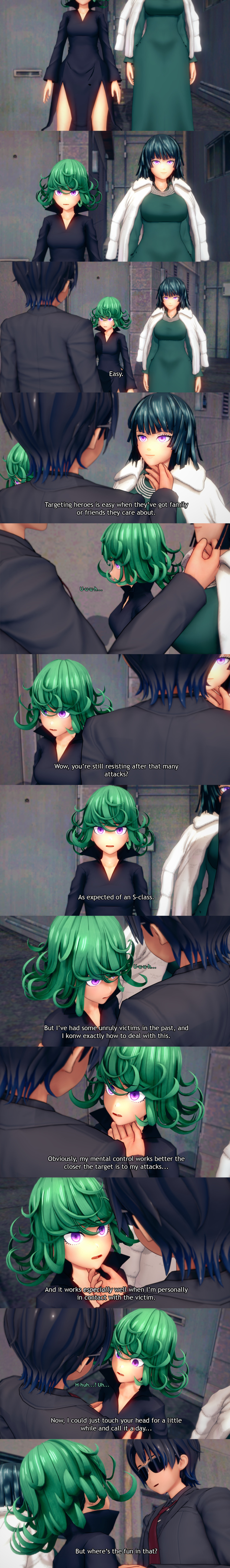 absurdres black_hair breast_grab chin_hold clothed dialogue dollhouse empty_eyes english_text expressionless femsub fubuki_(one_punch_man) green_hair maledom multiple_girls multiple_subs one_punch_man pink_hair resisting sequence short_hair sisters standing standing_at_attention sunglasses tatsumaki_(one_punch_man) text