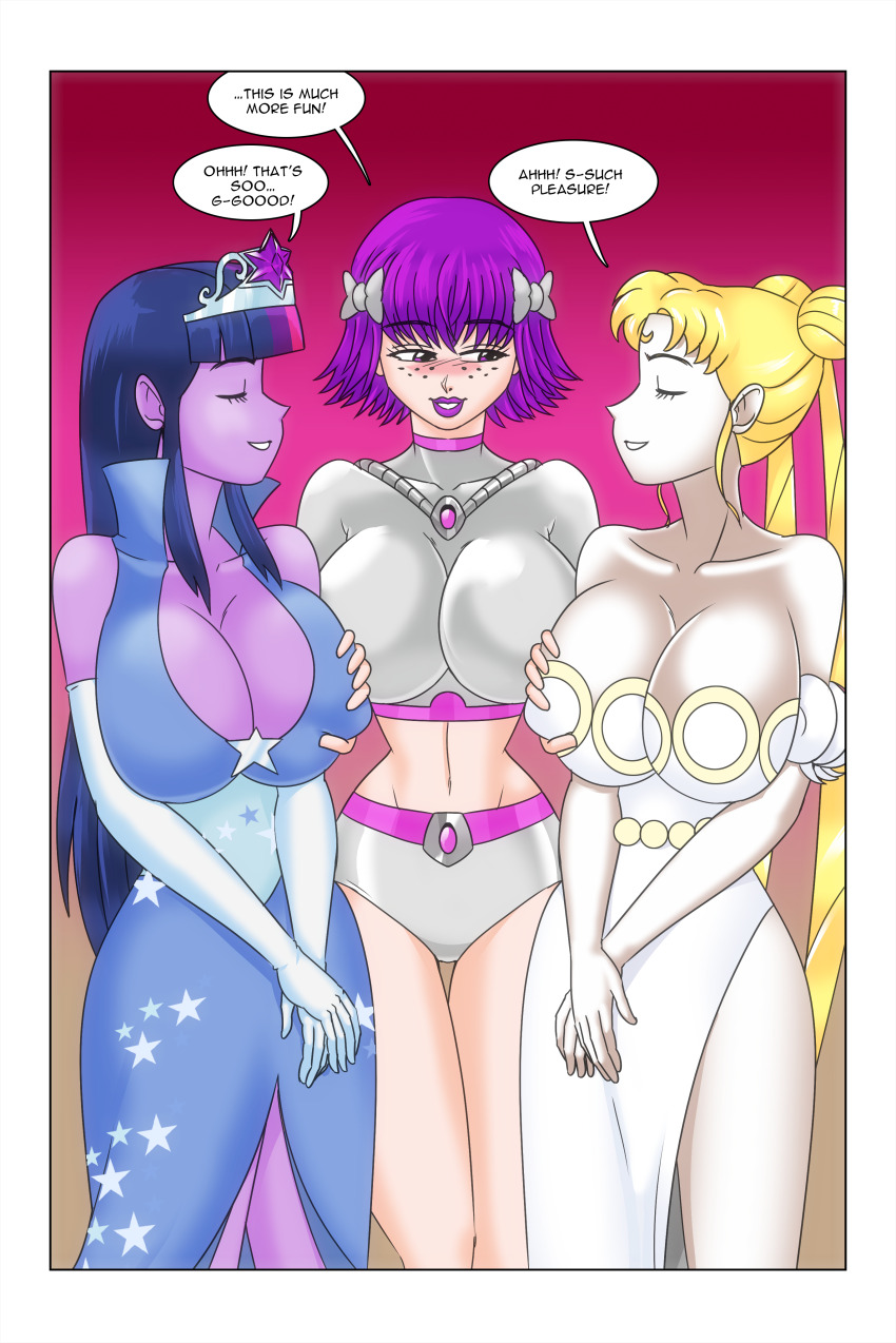 bare_shoulders blonde_hair blush bow cleavage closed_eyes comic crossover crown dialogue dress equestria_girls erect_nipples facial_markings femdom femsub freckles groping hair_buns happy_trance hypnotic_accessory kimberly_smith_(daveyboysmith9) large_breasts long_hair magic midriff multicolored_hair my_little_pony open_mouth opera_gloves original princess purple_eyes purple_hair purple_lipstick purple_skin sailor_moon sailor_moon_(series) short_hair short_shorts story text twilight_sparkle twintails wadevezecha western