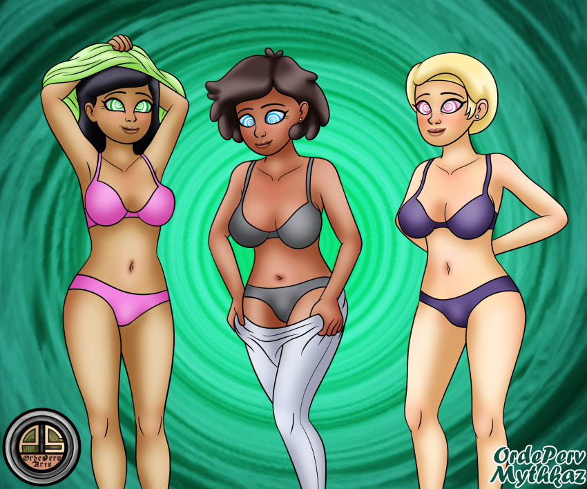 amphibia blonde_hair blue_eyes brown_hair dark_skin disney femsub green_background green_eyes happy_trance lipstick milf mrs_waybright mrs_wu ordeper_arts oum_boonchuy red_eyes short_hair signature spiral_background spiral_eyes underwear undressing