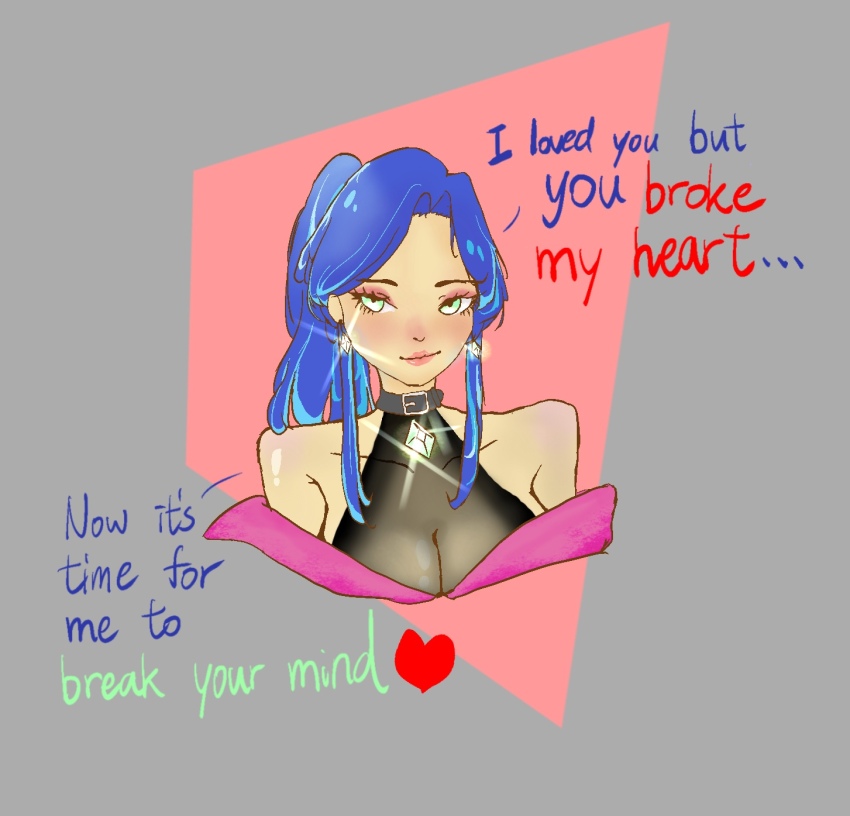 blue_hair cleavage collar dialogue femdom heart hypnotic_accessory hypnotized_dom jewelry long_hair original pov_sub simple_background tagme text wsn