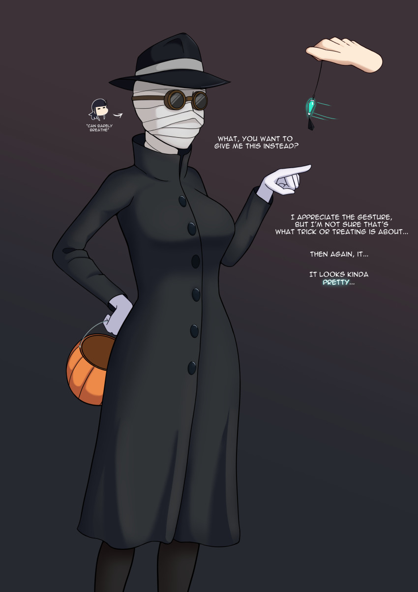 alice_(drunkle_jack) before_and_after clothed coat drunkle_jack female_only femsub gloves goggles halloween hat large_breasts necklace original pendulum simple_background text wide_hips