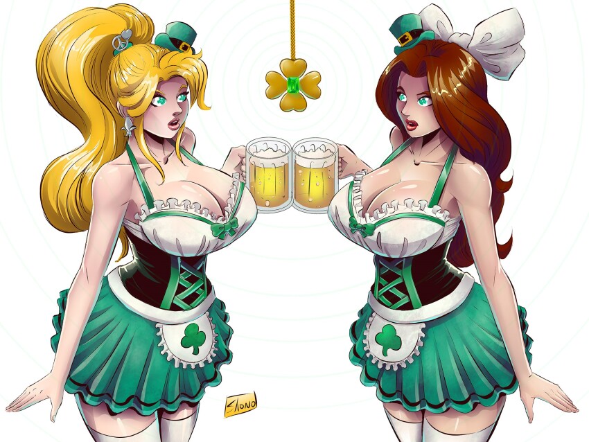 blonde_hair bow breasts crimson_(stepfordcrimson) crystal female_only femsub hairpin holly_the_dolly_(hollydolly) large_breasts long_hair original pendulum red_hair shono spiral_eyes st._patrick's_day symbol_in_eyes