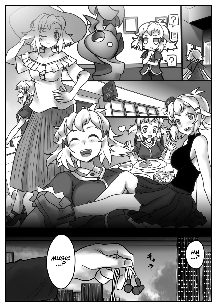 581 bare_shoulders blush breasts chair clothed comic confused dialogue earbuds femsub food greyscale hair_ornament hat heart heterosexual hibiki_tachibana hokan185 hypnotic_audio large_breasts maledom open_mouth senki_zesshou_symphogear shoes short_hair skirt smile speech_bubble text tongue