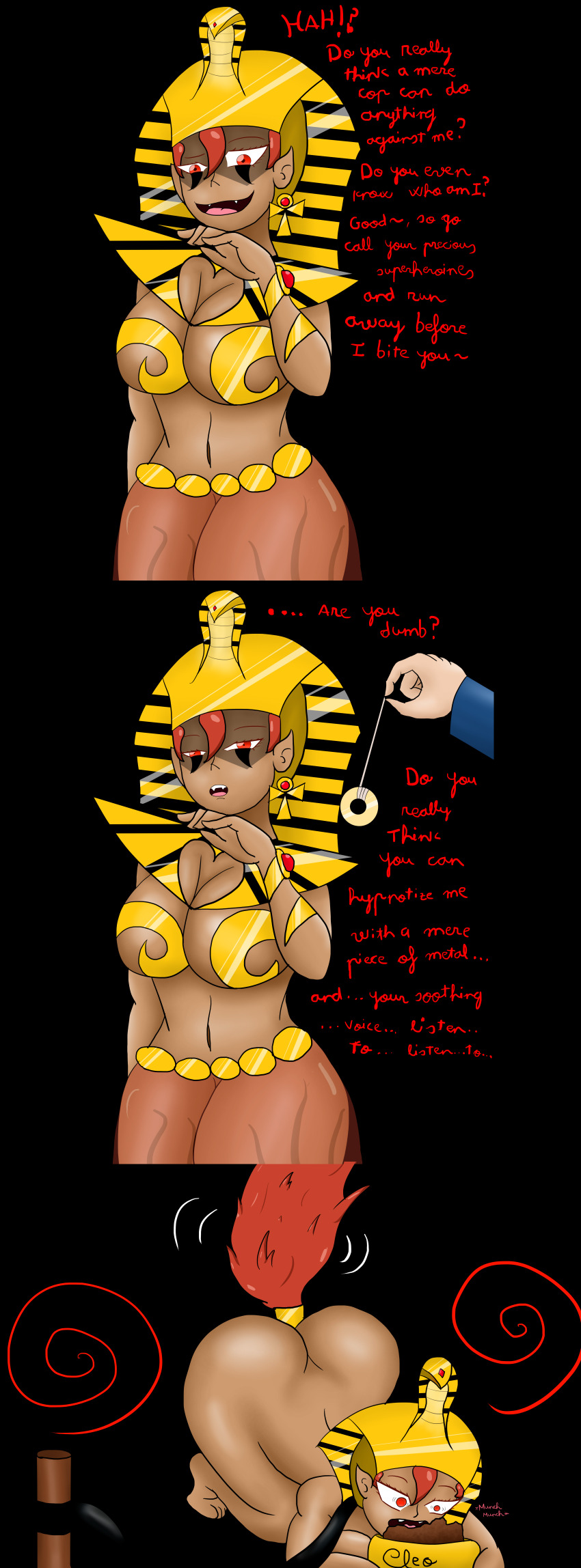 breasts dog_girl dog_pose egyptian femsub gold onorgasmic pendulum spiral_eyes tan_skin text