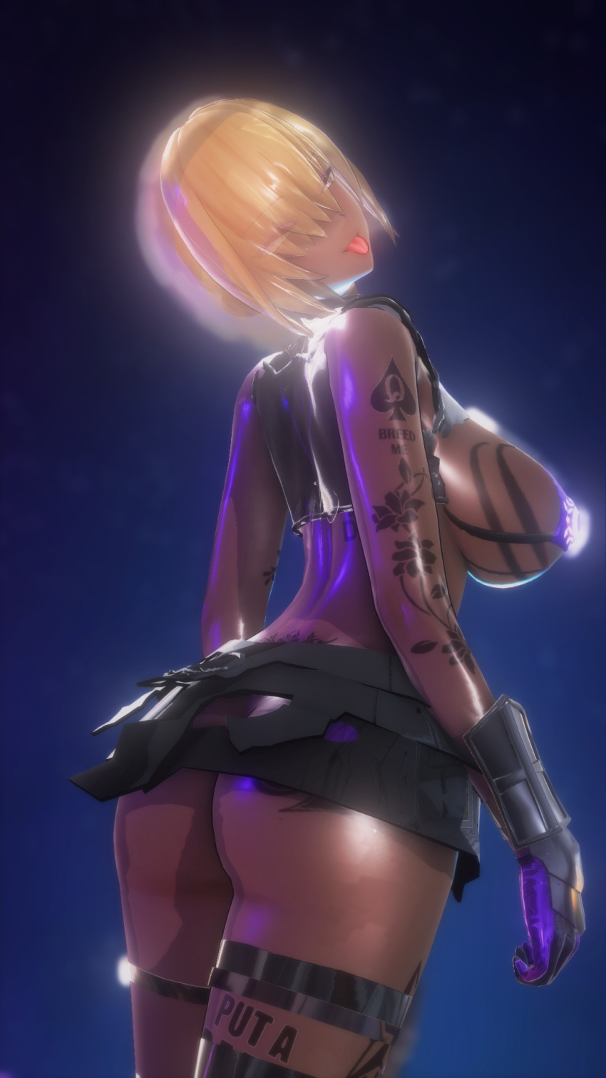 3d alternate_costume armor ass bare_shoulders before_and_after blonde_hair breast_expansion breasts clothed_exposure corruption dark_skin english_text evil_smile fate/grand_order fate_(series) female_only femsub gloves glowing hair_covering_one_eye huge_breasts hypnotic_light koikatsu! large_ass looking_back mashu_kyrielight midriff navel pink_eyes shield simple_background smile solo taihou1944 tattoo text thighhighs thighs tongue tongue_out transformation