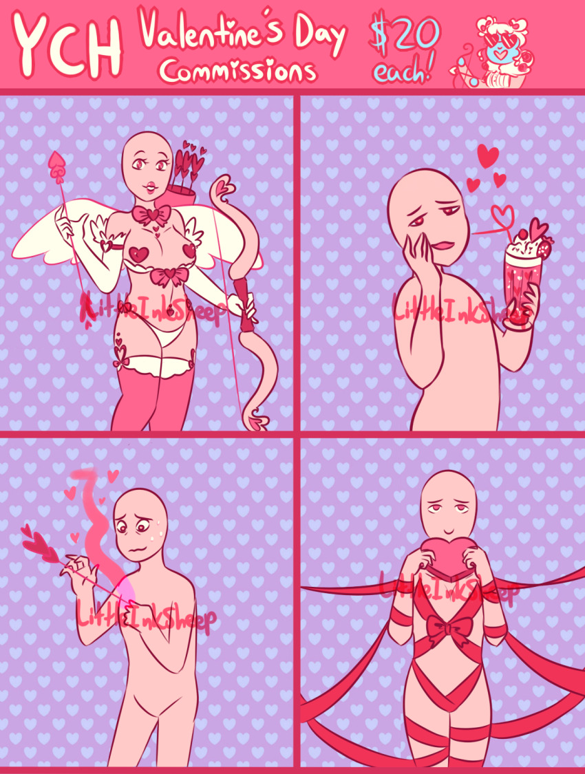 arrow bimbofication bow_(weapon) breasts commission_sheet cupid empty_eyes happy_trance heart heart_eyes hypnotic_food large_breasts littleinksheep naked_ribbon open_mouth pink_eyes red_eyes ribbon smile symbol_in_eyes valentine's_day weapon
