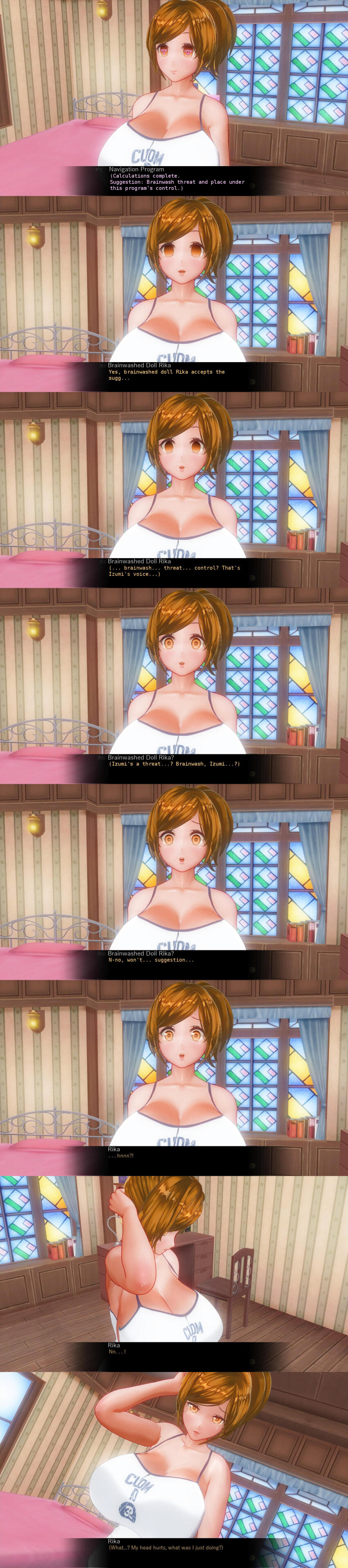 3d absurdres breasts comic custom_maid_3d_2 empty_eyes femsub hard_translated kamen_writer_mc large_breasts resisting rika_(made_to_order) symbol_in_eyes tech_control text translated