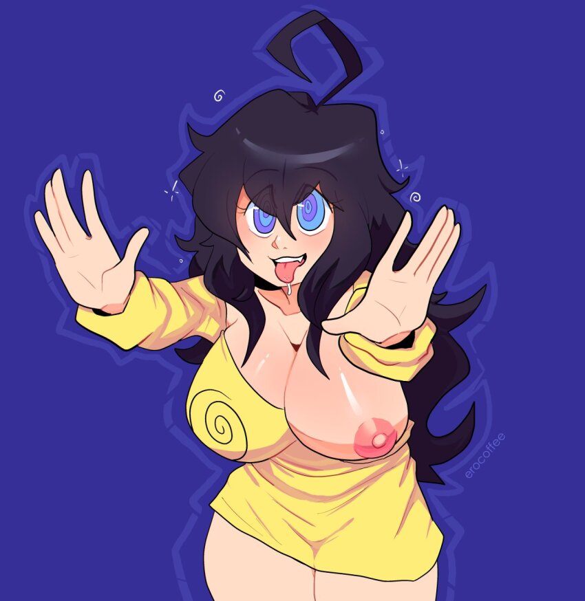 ahoge bangs bare_legs black_hair bottomless breasts breasts_outside cleavage collarbone dress drool erocoffee exposed_chest female_only femsub huge_breasts hypno-tan kaa_eyes long_hair messy_hair nipples one_breast_out open_mouth original ring_eyes shirt simple_background smile solo thighs tongue tongue_out zombie_walk