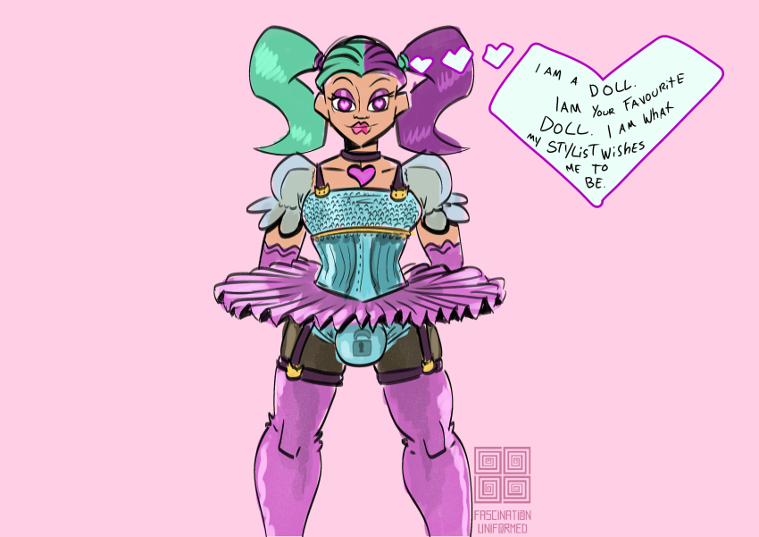 absurdres arms_behind_back bulge chastity dollification feminization gloves heart heart_eyes male_only malesub mantra mr_scade multicolored_hair opera_gloves simple_background skirt solo standing symbol_in_eyes text thighhighs thought_bubble tutu twintails