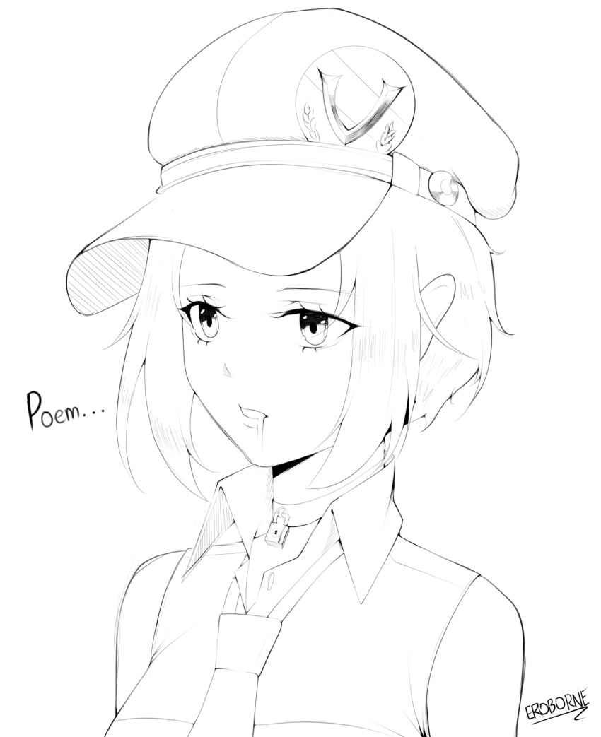 collar drool eroborne eyelashes female_only femsub greyscale hat marie_(persona_4) monochrome persona_(series) persona_4 shirt short_hair signature text tie white_background