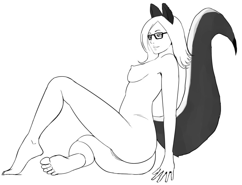 animal_ears ass barefoot bottomless breasts cally_mist_(hypnostink) feet female_only femsub glasses greyscale happy_trance hypnostink nipples nude original pussy ring_eyes sideboob sitting skunk_girl solo tail topless white_background