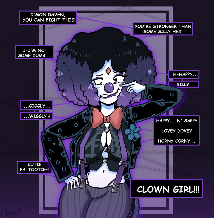 afro bow_tie breast_expansion cleavage clown clown_girl clownification coupytf dc_comics female_only femsub laughing makeup navel purple_hair purple_lipstick raven resisting solo suspenders teen_titans text thong