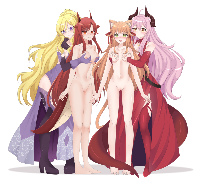 ahoge animal_ears blonde_hair blush boots bottomless breast_grab demon_girl dress echidna_(i'm_quitting_heroing) empty_eyes feet femdom femsub glasses gloves green_eyes groping happy_trance high_heels horns i'm_quitting_heroing kanade_(beast_tamer) kurolatte long_hair navel nude opera_gloves pink_hair ponytail possession red_hair smile standing steina_(i'm_quitting_heroing) tail tania_(beast_tamer) the_beast_tamer_who_got_kicked_out_from_his_party_meets_a_cat_girl_from_the_superior_race thighhighs topless very_long_hair yellow_eyes yuri