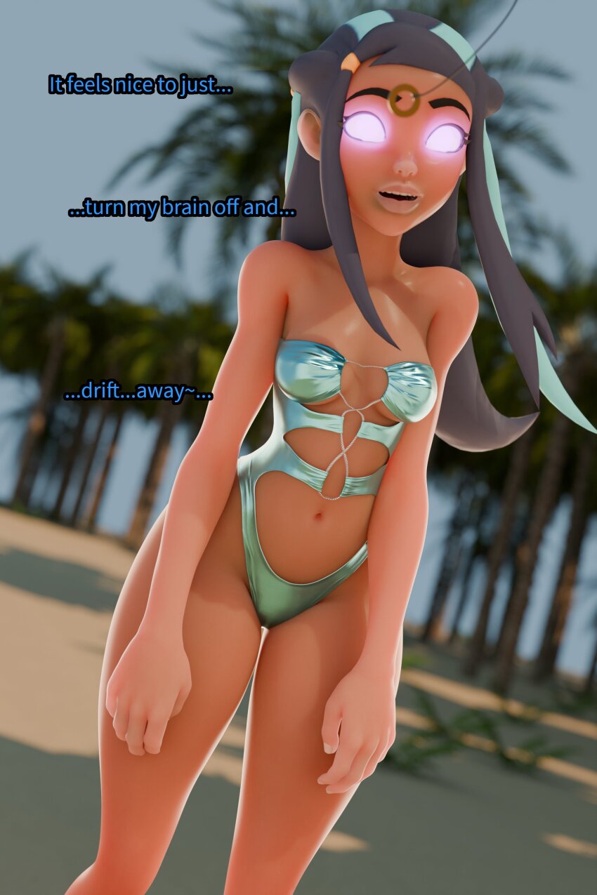 3d bikini black_hair blue_hair clothed dark_skin dialogue english_text femsub legoguy9875 multicolored_hair nessa_(pokemon) nintendo pendulum pink_eyes pokemon pokemon_sword_and_shield text