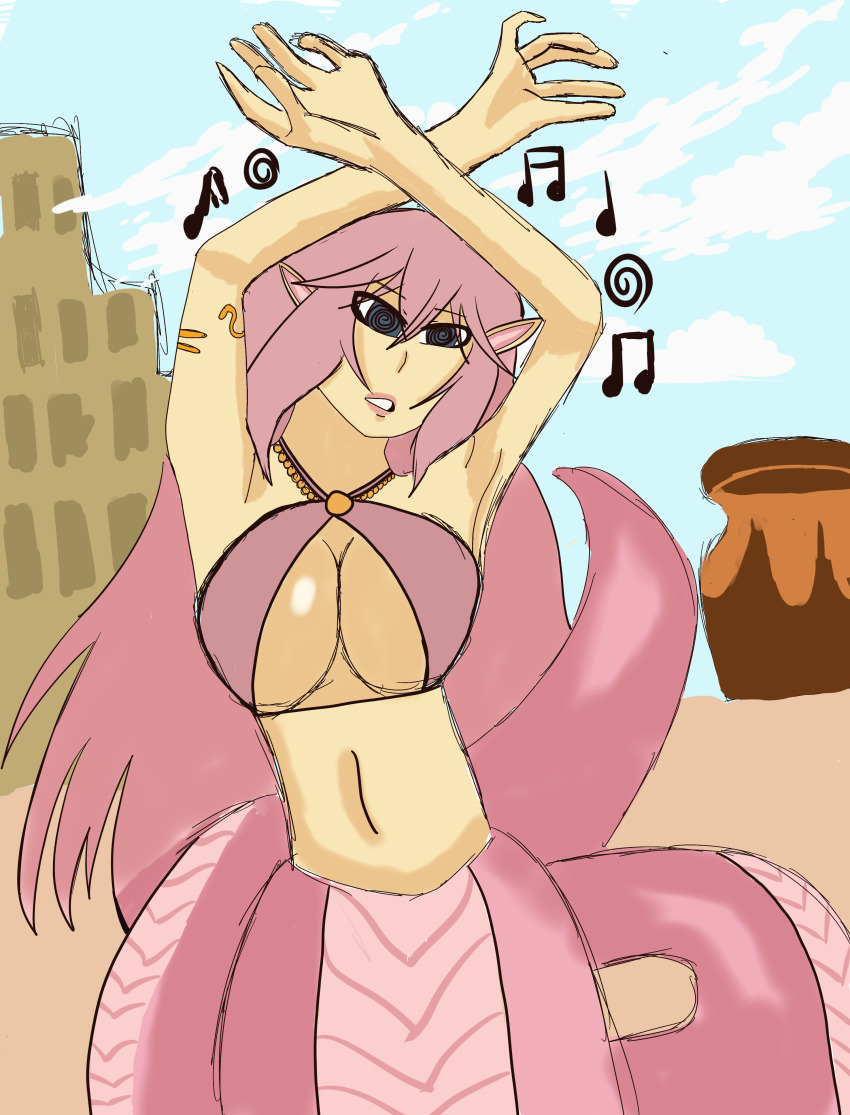 blue_hair breasts dancer dancing femsub harem_outfit hypnotic_music lostinspirals naga_girl original pink_hair pink_lipstick scales shysketches spiral_eyes symbol_in_eyes