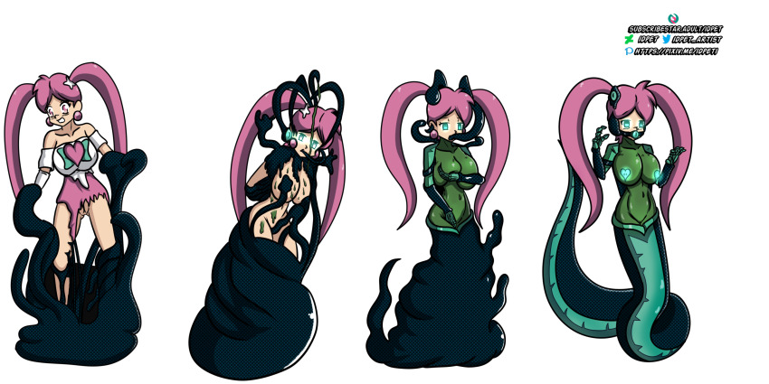ball_gag body_control bondage bottomless breasts comic empty_eyes femsub gag gloves hypnotic_eyes idpet latex monster_girl naga_girl nude opera_gloves parasite pink_hair slime snake_girl tentacle_in_mouth tentacles topless transformation twintails