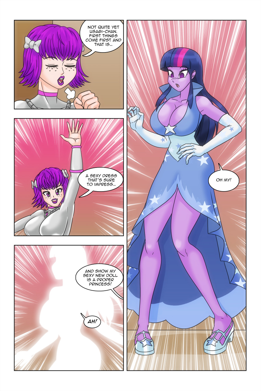 bare_shoulders bow cleavage comic dialogue dress empty_eyes equestria_girls freckles glowing happy_trance high_heels kimberly_smith_(daveyboysmith9) large_breasts magic multicolored_hair my_little_pony opera_gloves original princess purple_eyes purple_hair purple_lipstick purple_skin smile story text twilight_sparkle wadevezecha