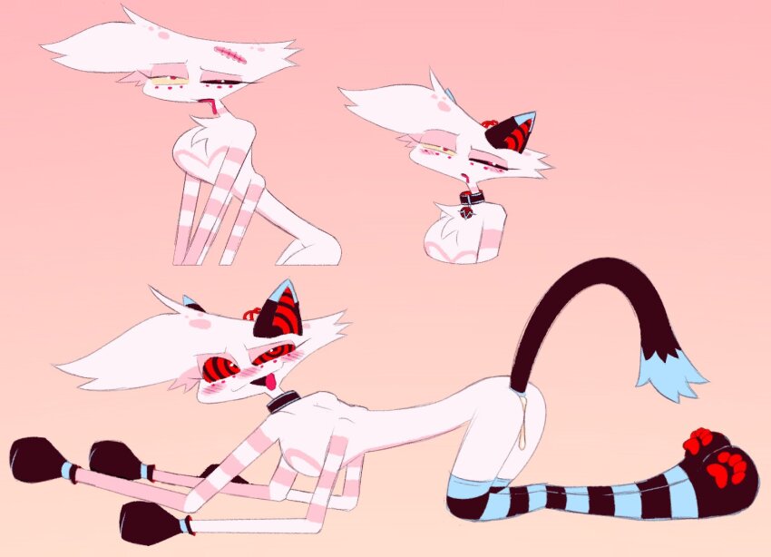 angel_dust_(hazbin_hotel) before_and_after blush butt_plug cat_boy cat_ears collar cum demon demon_boy drool fake_animal_ears fake_tail femboy furry hazbin_hotel heterochromia kneehighs labbit lobotomy looking_at_viewer male_only malesub multiple_arms nude paws ring_eyes scar simple_background spider_boy tongue_out unaware