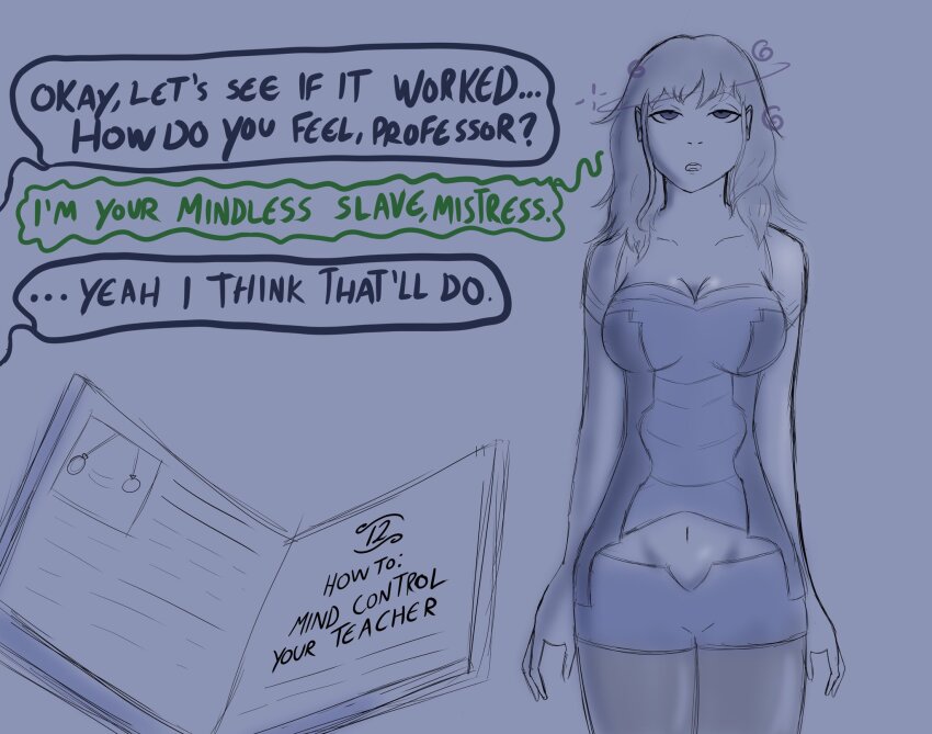 bare_shoulders blue_eyes book byleth_eisner cleavage collarbone dazed dialogue expressionless female_only female_pov femdom femsub fire_emblem fire_emblem_three_houses heavy_eyelids long_hair midriff navel nievart nintendo open_mouth pov pov_dom short_shorts simple_background sketch sparkle speech_bubble spiral standing standing_at_attention text thighhighs