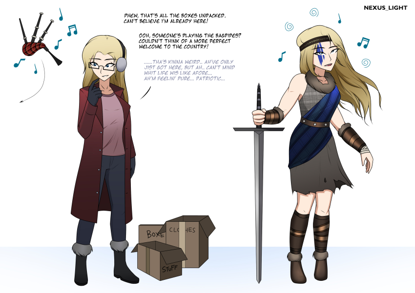 absurdres alternate_costume aurora_(jabberwocky) before_and_after blonde_hair breasts dialogue drool earmuffs english_text face_paint femsub glasses hypnotic_audio hypnotic_music instrument jeans nexus_light original sword text